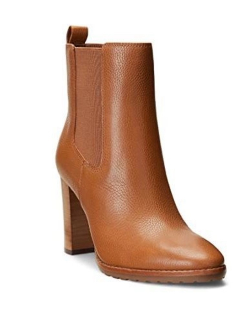 Lauren Ralph Lauren Mylah Tumbled Leather Block Heel Bootie Deep Saddle Tan 9.5